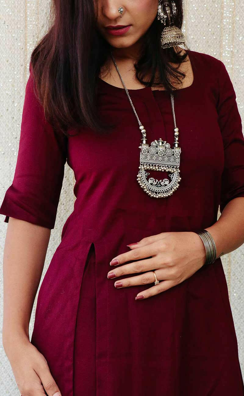 Granita wine cotton kurta set front view Anaykaa