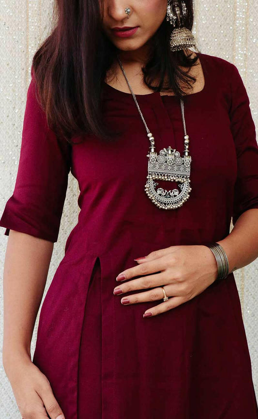 Granita wine cotton kurta set front view Anaykaa