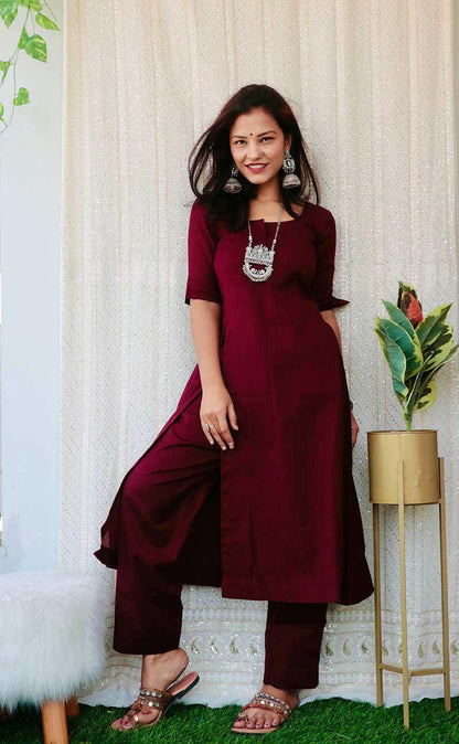 Granita wine cotton kurta set front view Anaykaa