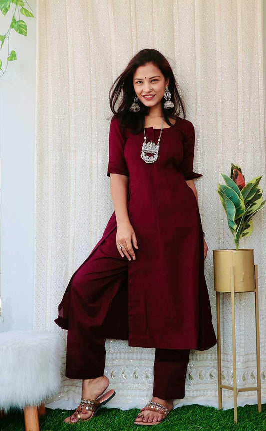 Granita wine cotton kurta set front view Anaykaa