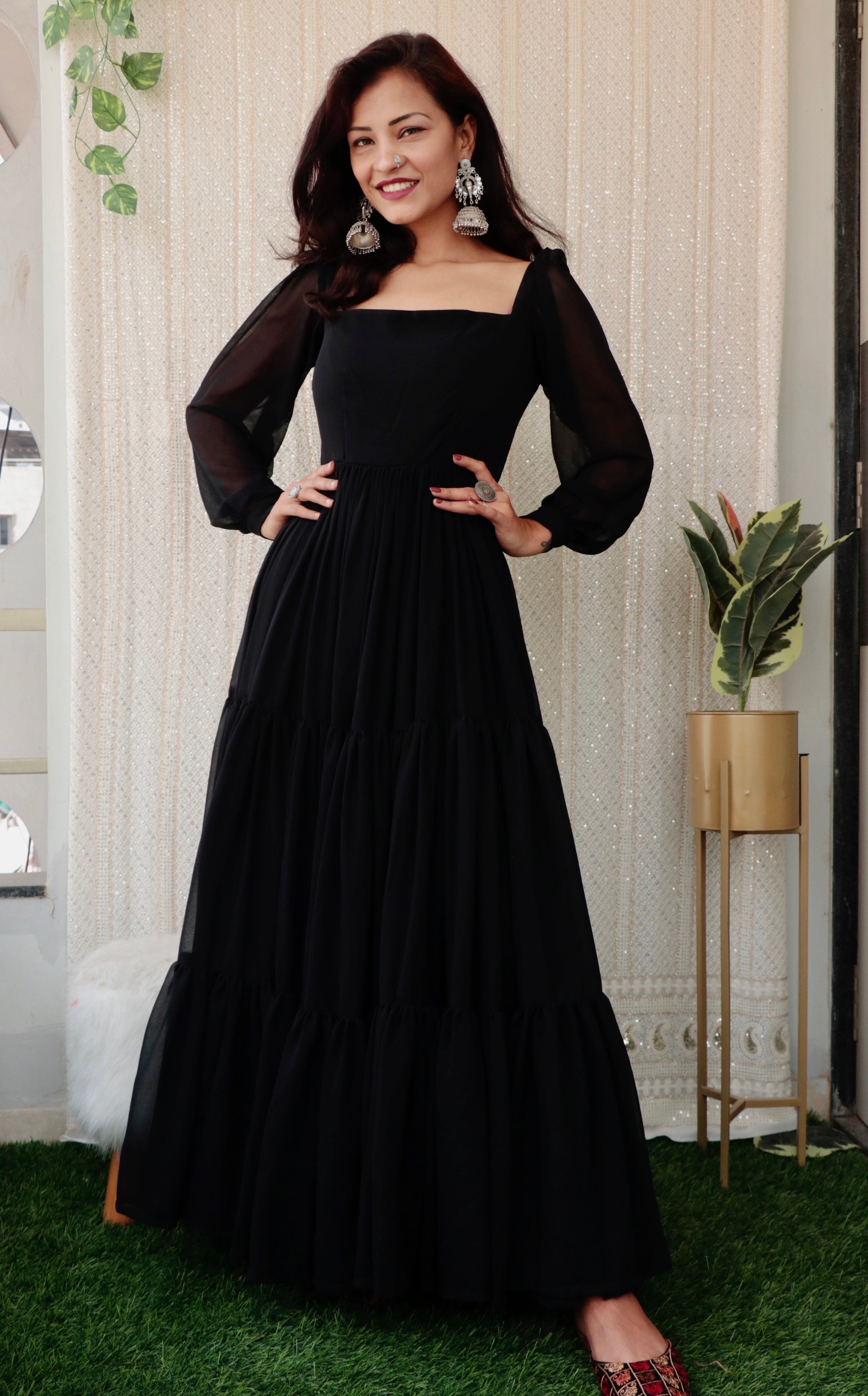 Black Georgette Dresses Online. Shop Black Georgette Layered Dress With  Floral Print And Hand Embroidery at Soch
