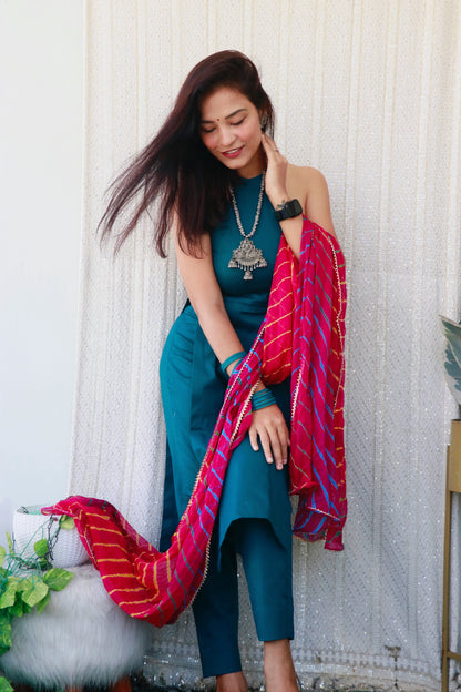 JADE TEAL BLUE KUTCHI HANDWORK KURTA SET - StudioAnaykaa