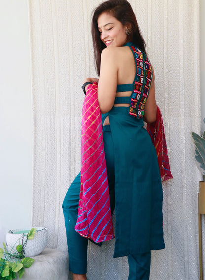 JADE TEAL BLUE KUTCHI HANDWORK KURTA SET - StudioAnaykaa