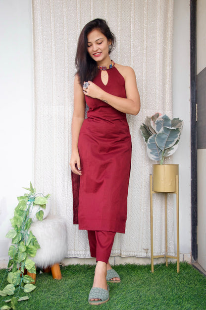 BERRY MAROON JUTE COTTON KURTA SET - StudioAnaykaa