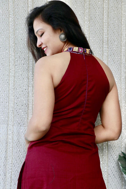 BERRY MAROON JUTE COTTON KURTA SET - StudioAnaykaa