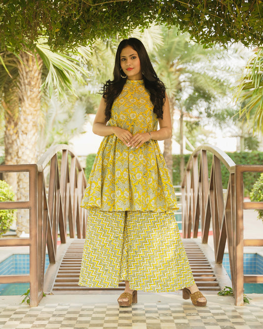 SUNSHINE HANDBLOCK COTTON KURTA SET - StudioAnaykaa