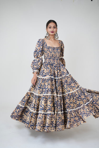 ASNOOR COTTON HANDBLOCK LAYERED DRESS - StudioAnaykaa