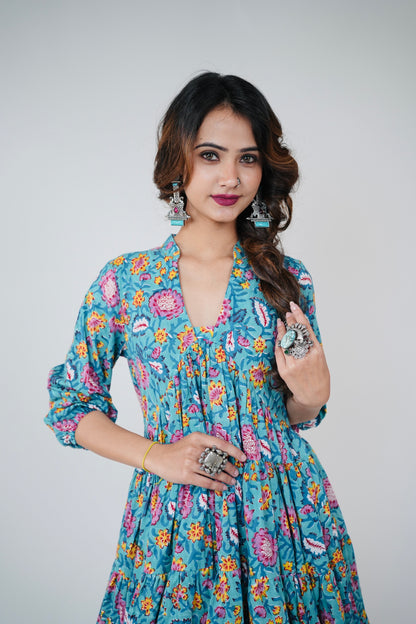 ARYA COTTON HANDBLOCK FLORAL DRESS - StudioAnaykaa
