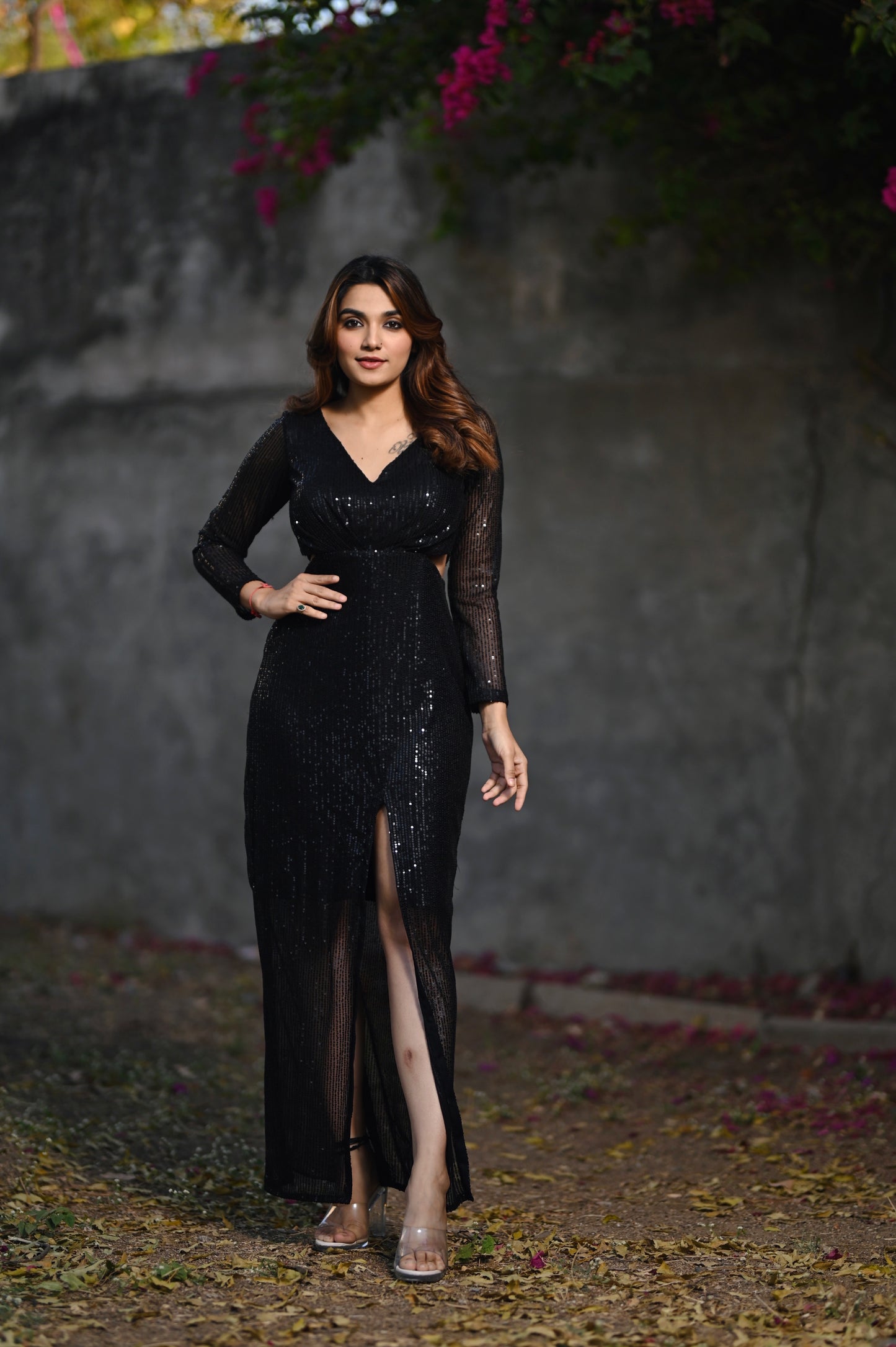 CHARLOTTE BLACK SEQUIN SLIT DRESS - StudioAnaykaa