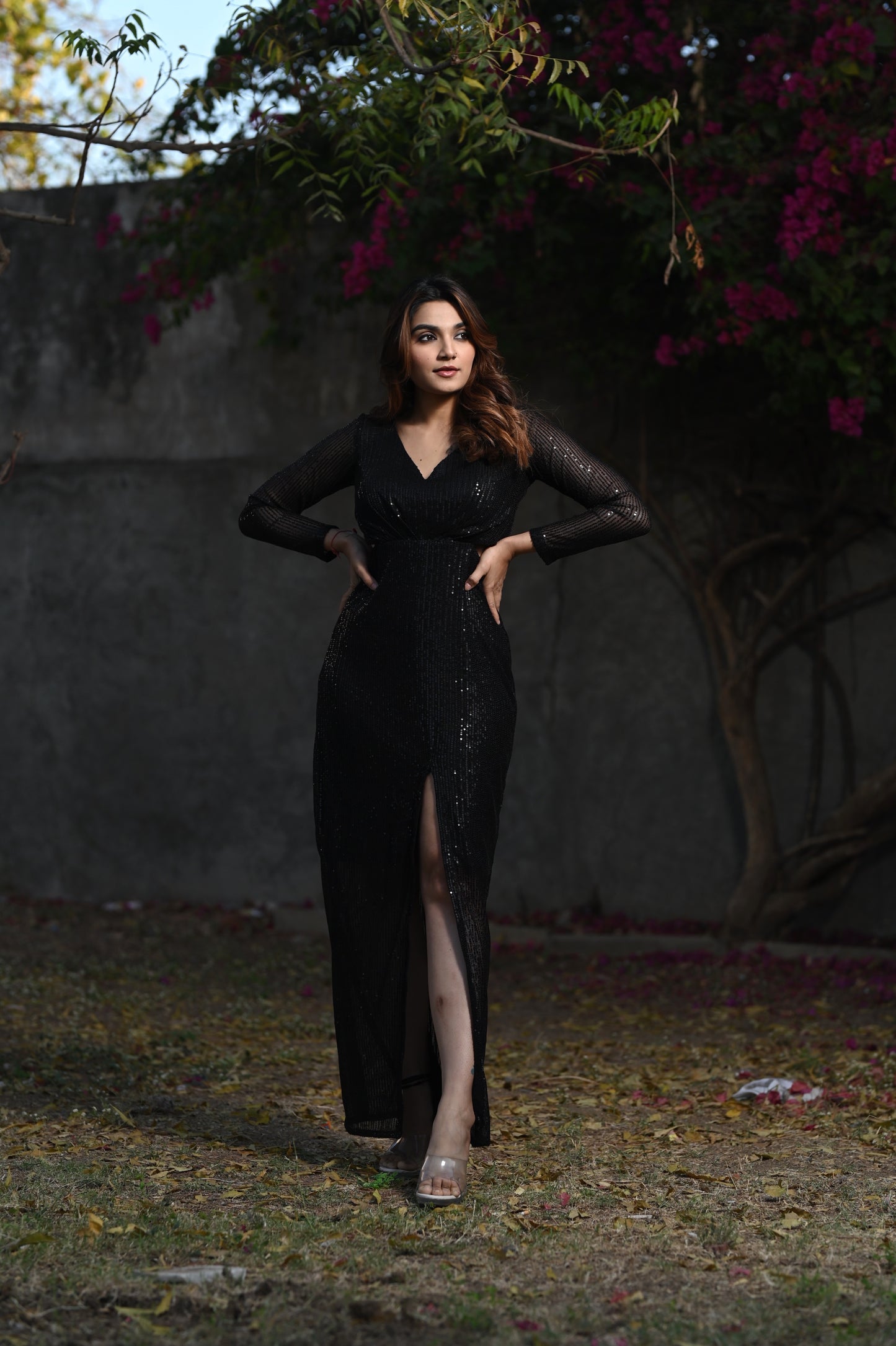 CHARLOTTE BLACK SEQUIN SLIT DRESS - StudioAnaykaa