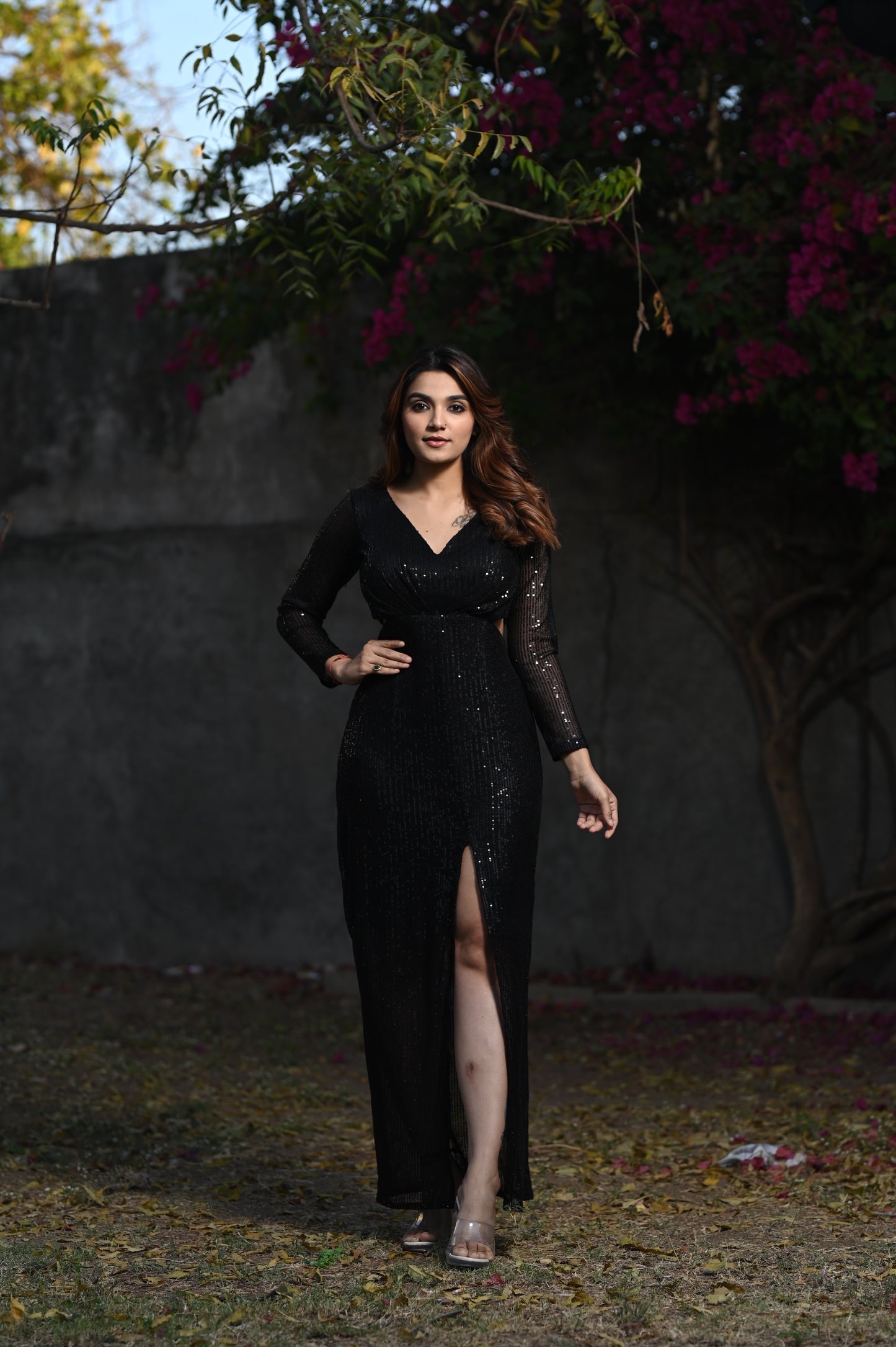 CHARLOTTE BLACK SEQUIN SLIT DRESS - StudioAnaykaa