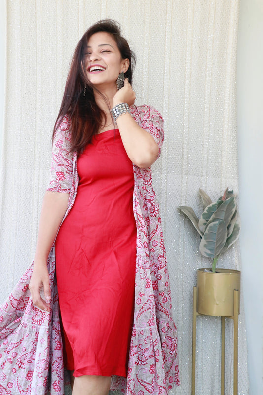 CORAL DRESS WITH HANDBLOCK LAYERED SHRUG - StudioAnaykaa