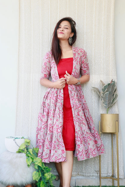 CORAL DRESS WITH HANDBLOCK LAYERED SHRUG - StudioAnaykaa