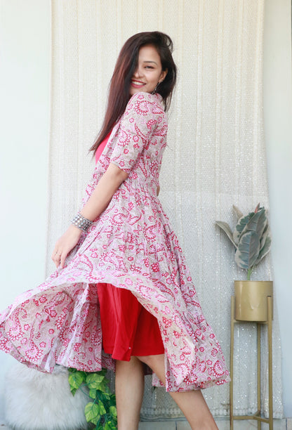 CORAL DRESS WITH HANDBLOCK LAYERED SHRUG - StudioAnaykaa