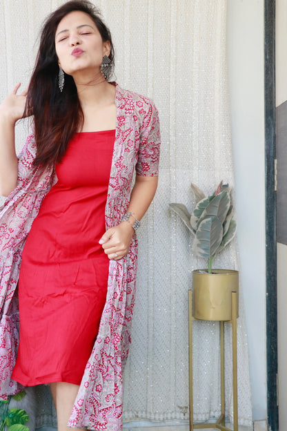 CORAL DRESS WITH HANDBLOCK LAYERED SHRUG - StudioAnaykaa