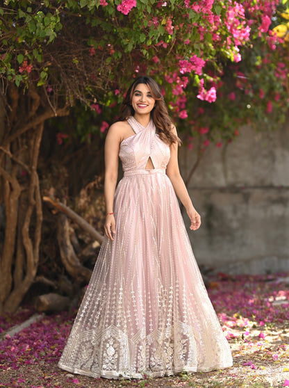 PASTEL PINK HALTER NECK JUMP SUIT - StudioAnaykaa