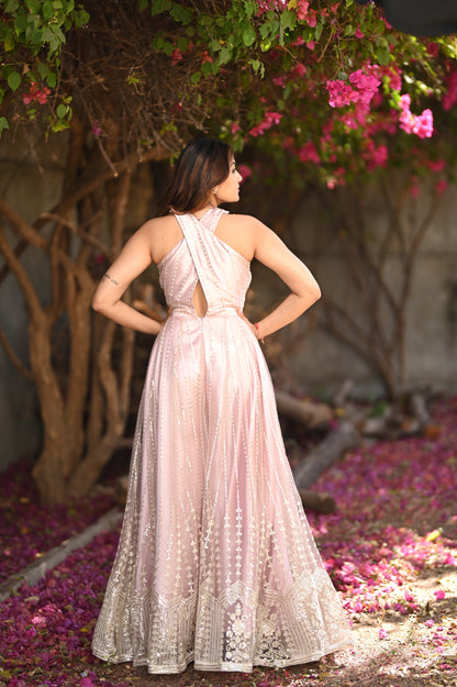 PASTEL PINK HALTER NECK JUMP SUIT - StudioAnaykaa