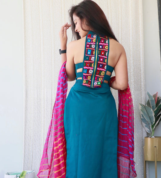 Jade teal blue Kutchi handwork cotton kurta set