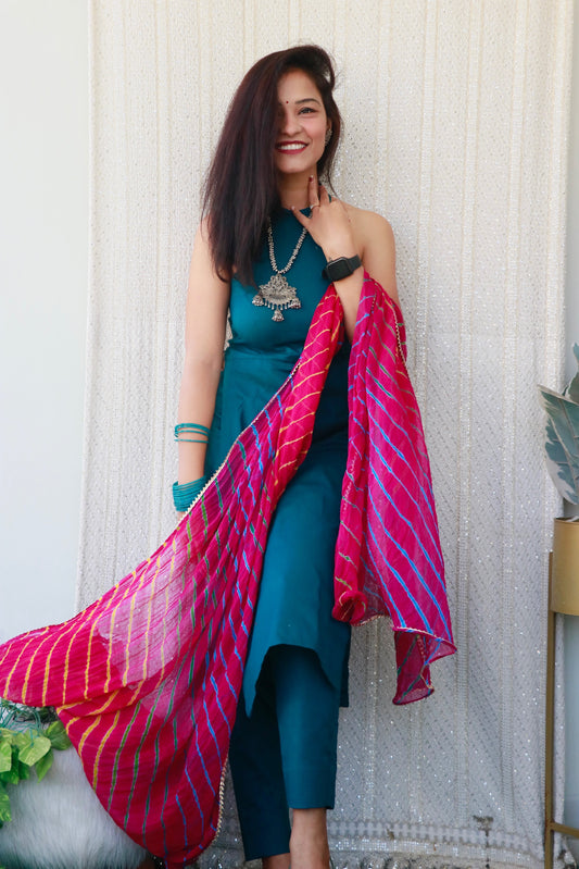 Teal blue cotton kurta set with Kutchi handwork