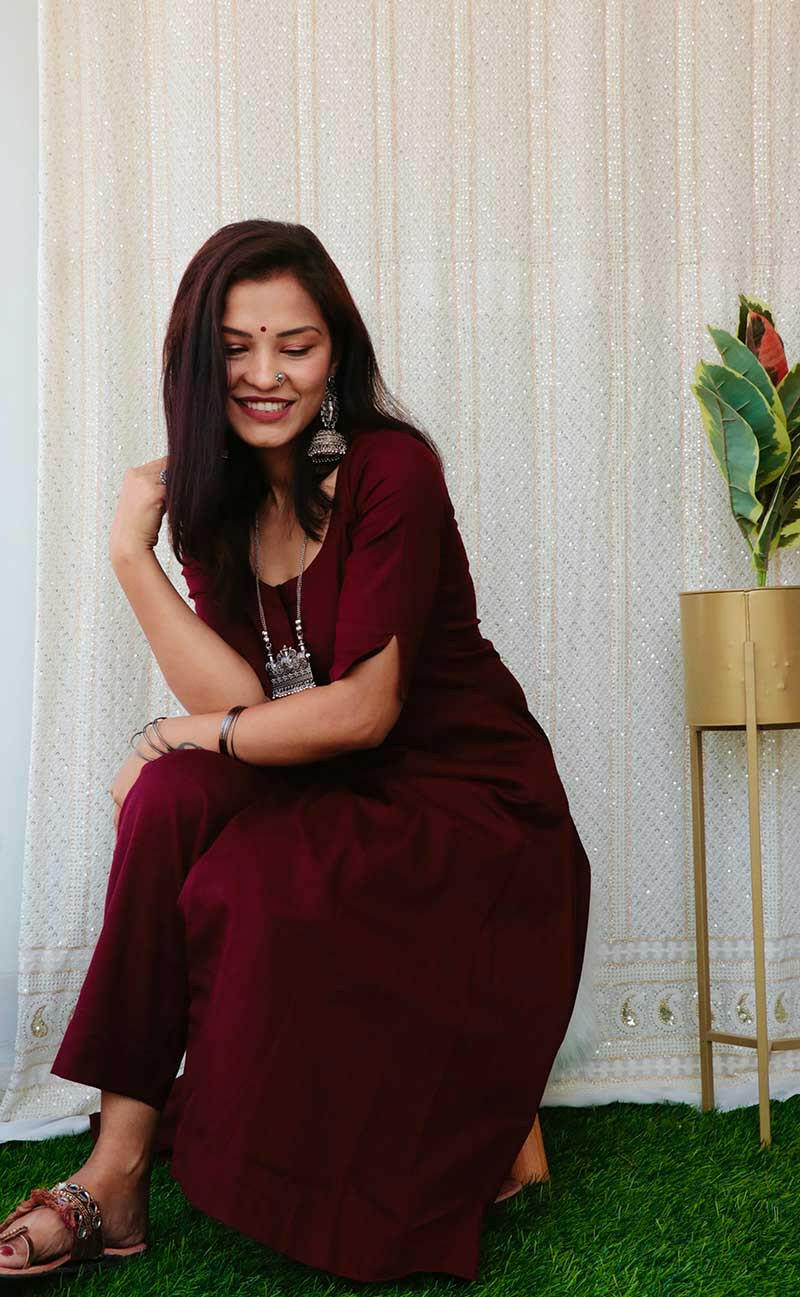 Wine cotton kurta with 3/4 sleeves Anaykaa