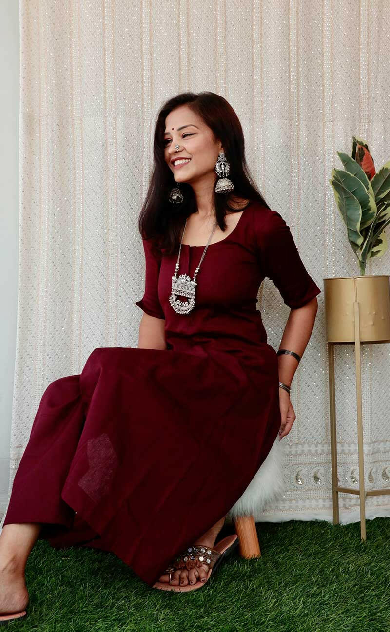 Women's wine jute cotton kurta set Anaykaa
