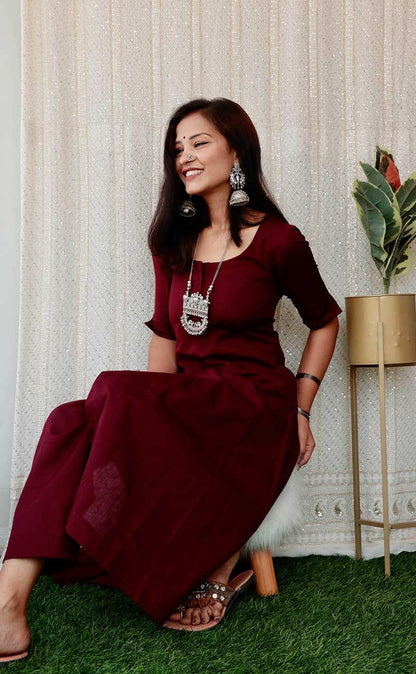 Women's wine jute cotton kurta set Anaykaa