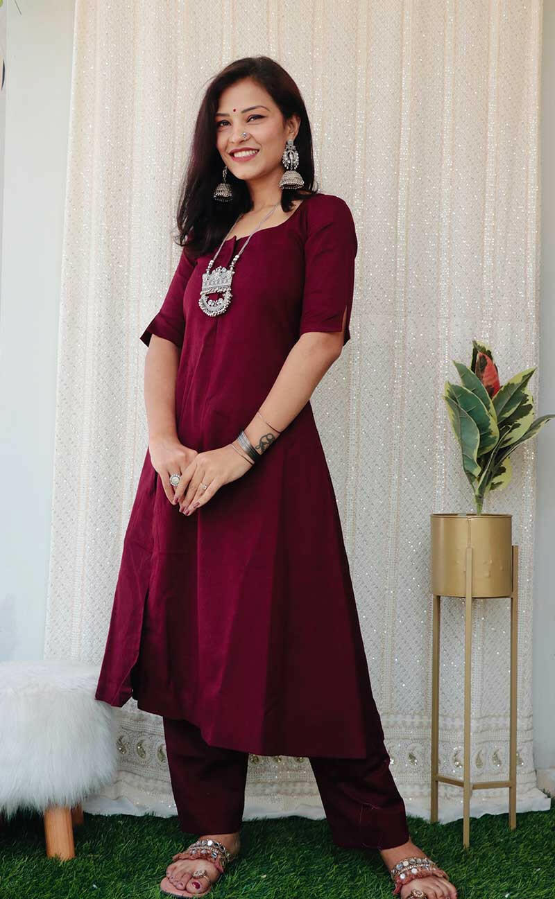 Women's wine jute cotton kurta set Anaykaa